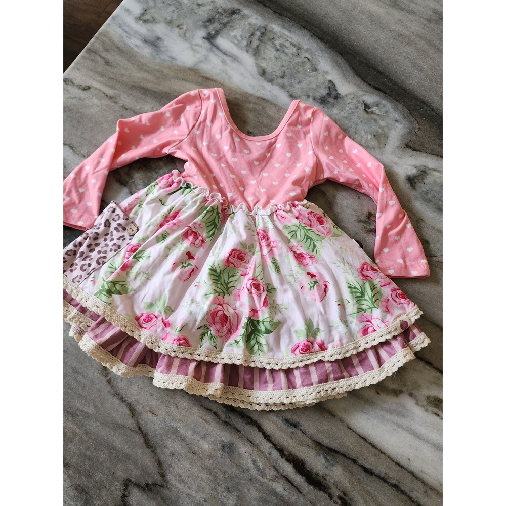 Cheeky Plum Girls‎ Pink Floral Heart Leopard Mixed Print Ruffle Dress 12-18M